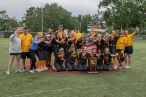 Calvary Softball 2021 State Championship team photo with trophy