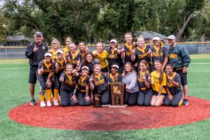 Calvary Softball 2023 State Champion team photo with trophy