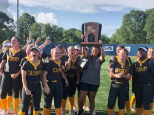 Calvary Baptist Academy Softball team with 2022 State Champion Trophy
